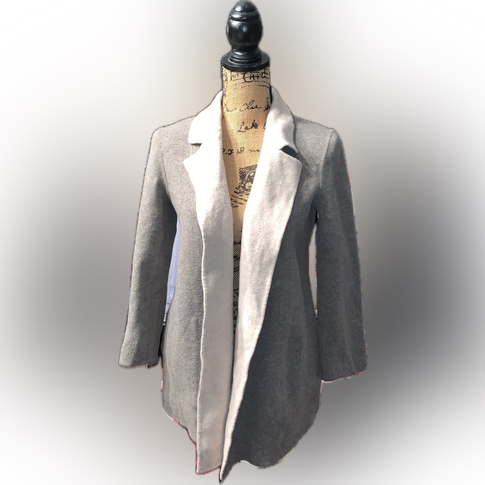 Theory Cashmere Wool Reversible Gray Cream Open Front Blazer Jacket Overcoat S